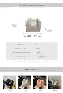 Detailed view of drawstring bucket bag with metal chain strap and structural dimensions