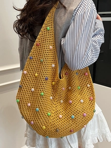 Chic mustard yellow knit shoulder bag with colorful pearls and hollow crochet design