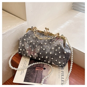 Detail der grauen Samt-Abendtasche mit Perlenverzierung und Schmetterlingsstickerei
