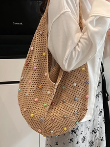 Large pearl knit shoulder bag in beige woven fabric with colorful beads for beach vacations