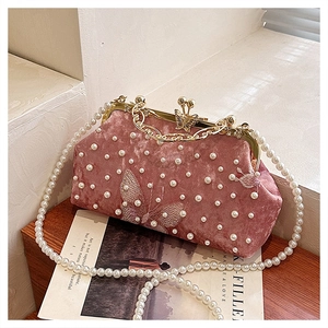 Detail der Vintage Samt-Abendtasche mit Perlen-Schmetterlingsstickerei und Goldrahmen