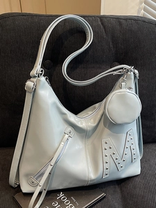 Niche Design Motor Style PU Leather Tote Bag Large Capacity Rivet Letter Shoulder Bag With Mini Pouch Fashion Women Bag