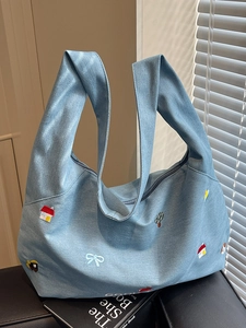 Borsa a Spalla Casual in Denim Canvas per Donna Grande Borsa Tote Con Ricami Cartoon Borsa Hobo Artistica da Pendolare