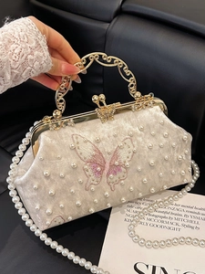 Vintage Samt Abendtasche Mit Künstliche Perlen Schmetterlingsstickerei Elegante Crossbody Handtasche Damen Bankett Hochzeit Party Clutch