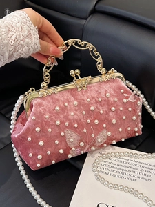 Vintage-Abendtasche aus Samt mit Perlen und Schmetterlingsstickerei in Rosa