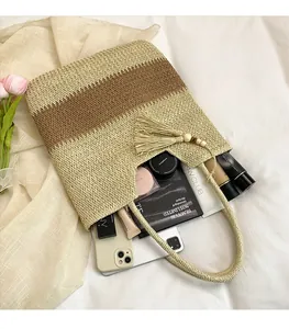Spacious woven tote bag interior showing capacity for cosmetics and summer essentials
