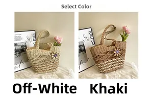 Straw woven tote bags in beige and khaki with crochet flower patterns and lilac bows