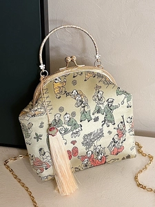 Petit Sac Rétro en Satin Avec Broderie Motif Cent Enfants Fermoir à Baiser Avec Poignée en Chaîne Métallique Sac Bandoulière Femme
