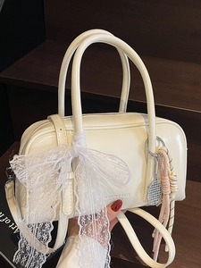 Fashion Women PU Leather Boston Pillow Bag Chic Lace Bow Handbag Versatile Crossbody Bag Daily Commuting Shoulder Bag