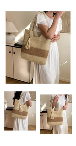 Close-up of color-block woven tote bag with fringe tassel and wooden bead detail