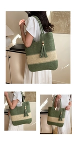 Detail of hand-woven tote bag showing green contrast stitching and wooden bead tassels