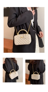 Detail view of the quilted diamond texture and golden metal handle on the PU leather bag
