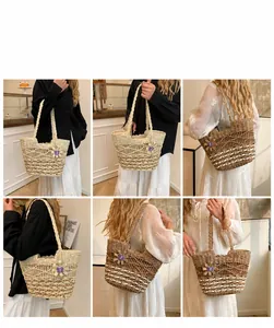 Detail view of woven straw tote bags with purple bow accent and hollow mesh pattern