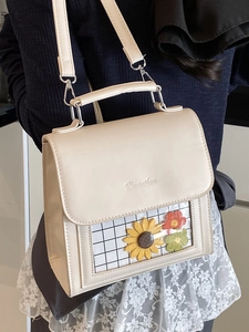Borsa quadrata crema minimalista con ricamo di girasole e finestra in PVC trasparente