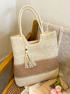 Women Large Capacity Color Block Spliced Woven Tote Bag Summer Beach Shoulder Bag Casual Straw Handbag With Wooden Bead Tassel