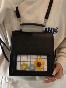 Zaino minimalista in pelle PU nera con finestra trasparente e piccoli fiori in maglia