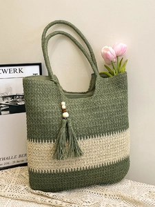Large woven tote bag with olive green and beige patchwork for summer beach vacations