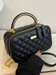 Classic black quilted PU leather crossbody bag with gold metal handle and chain strap