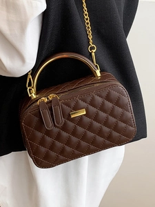 Classic dark brown quilted mini box bag with gold metal handle and chain strap