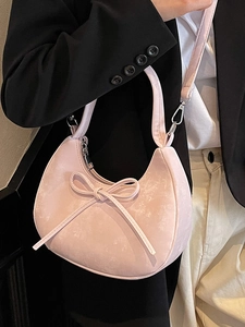 Sac à main demi-lune rose avec nœud élégant et bandoulière réglable pour femmes