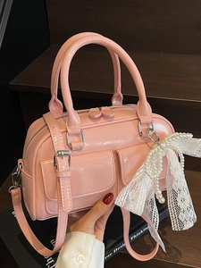 Korean Style PU Leather Boston Bag With Lace Artificial Pearl Bow Charm Sweet Women Handbag Front Pocket Crossbody Bag For Daily Commute