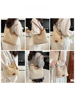 Detailed views of woven tote bag with brown trim and leather logo patch on shoulder straps