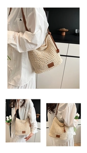Close-up of beige crochet bucket tote bag featuring textured knit patterns and leather strap
