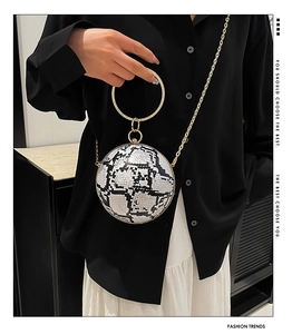 Macro view of spherical snake pattern bag with golden circular metal handle and chain