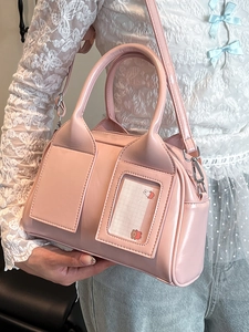 Pink glossy leather Boston bag with cute bear insert card and detachable strap