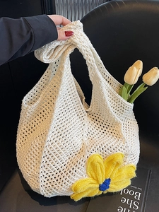 Women Hollow Out Crochet Woven Tote Bag Large Capacity Handmade Knit Shoulder Bag With Flower Summer Beach Holiday Handbag
