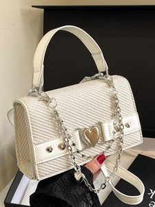 Sac Bandoulière Femme Mode Boucle Cœur Petit Sac Carré Avec Décoration Chaîne Texture Tissée Sac à Main en Cuir PU pour Rue Fête