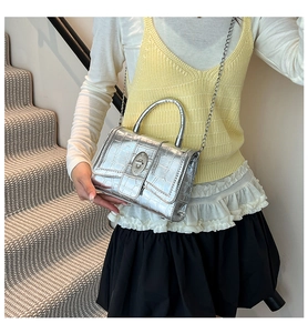 Close-up of silver crocodile embossed handbag with metal chain and turn-lock closure