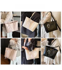 Collage of large PU leather tote bag with embossed pattern and lace pearl bow detail