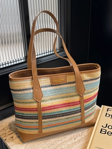 Rainbow Straw Woven Tote Bag For Women Large Capacity Striped Summer Beach Shoulder Bag Casual Travel Handbag Leather Trim