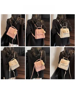 Detailed views of a mini versatile square backpack in pink and beige with cute bear charm