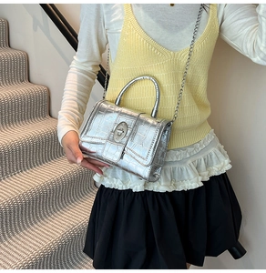 Detail of silver crocodile pattern crossbody bag with metallic top handle and rotating lock