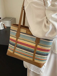 Rainbow striped straw woven tote bag with brown leather handles for summer travel