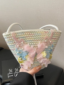 Süße Gewebte Schmetterling Umhängetasche Für Damen Kinder 3D Blumen Künstliche Perlen Eimertasche Urlaub Wald Stil Stroh Handtasche