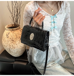 Detail of black crocodile texture handbag featuring silver clasp and chain strap