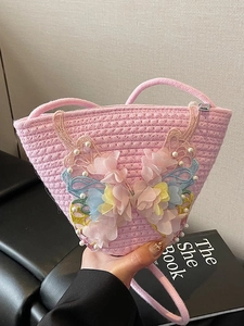 Rosa gewebte Beuteltasche mit floraler Spitze, 3D Schmetterlingsstickerei und Perlen