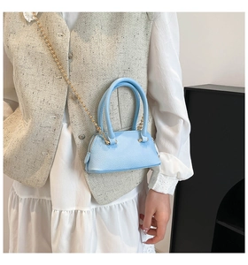 Mini light blue shell bag with lychee leather texture and golden pearl chain detail