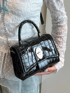 Elegant black crocodile embossed faux leather handbag with silver metallic chain strap
