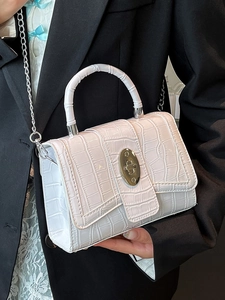 Elegant white stone embossed square handbag with golden twist lock and chain strap