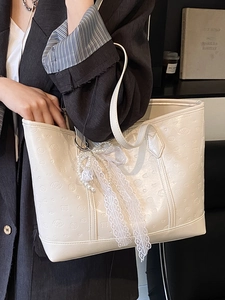 White embossed leather tote bag with cute dog patterns and lace ribbon decoration