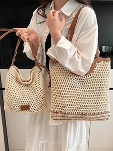 Bohemian woven tote bag set with brown leather straps and intricate crochet textures