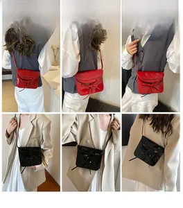 Collage of model wearing red and black oil wax leather crossbody bags with bow detail