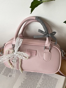 Sac Bandoulière Bowler Doux pour Femme Cuir PU Künstliche Perle Dentelle Nœud Ruban Style Coréen Sac à Main Épaule Élégant Petit Sac Quotidien
