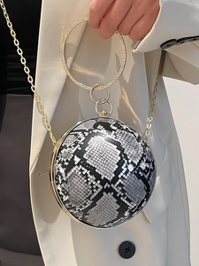 Spherical snakeskin clutch bag with rhinestone metal handle and gold chain strap