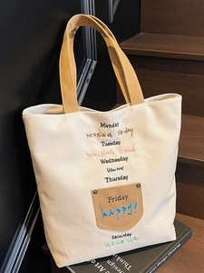 Women Canvas Tote Bag Embroidered Letter Weekdays Print Shoulder Bag Large Capacity Casual School Handbag Urban Minimalist Style