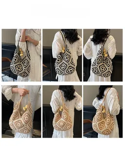 Detailed views of handmade crochet tote bags in black-white and beige-brown patchwork patterns